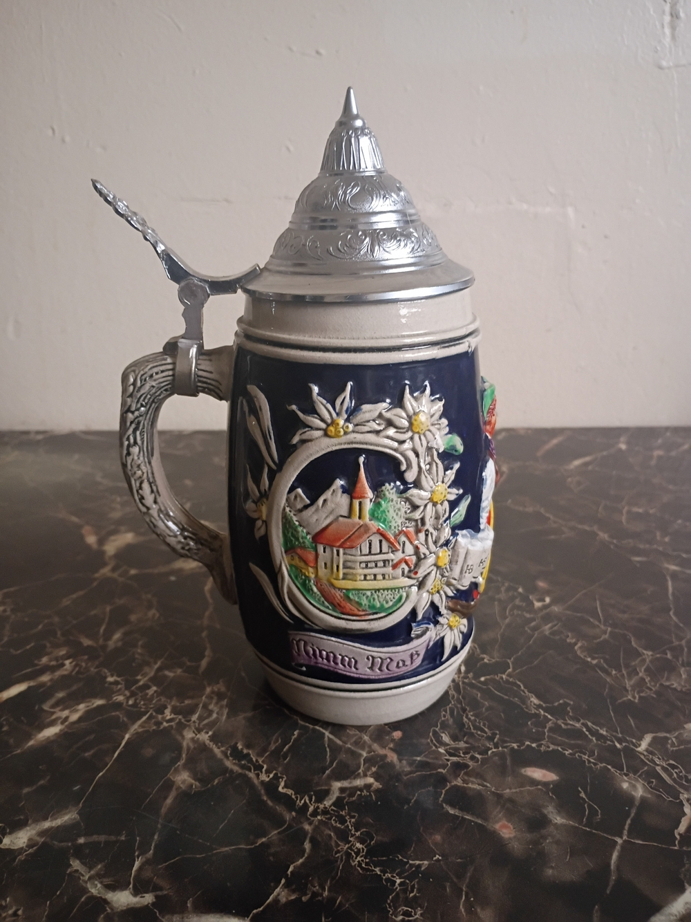 Ceramic German-Style Beer Stein with Pewter Lid - Navy